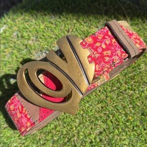 Lucky Brand Love Brass Buckle & Patchwork Belt Size 30 ☮️💜🌻